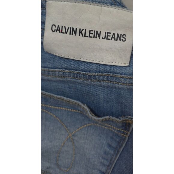 Calvin Klein Womens L 12/14 Distressed Light Blue Denim Bib Overall Jorts Shorts - Picture 13 of 14
